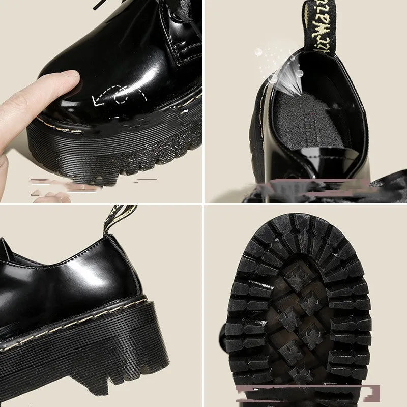 Women's black thick-soled leather shoes with cross-strap closure and ribbon detailing