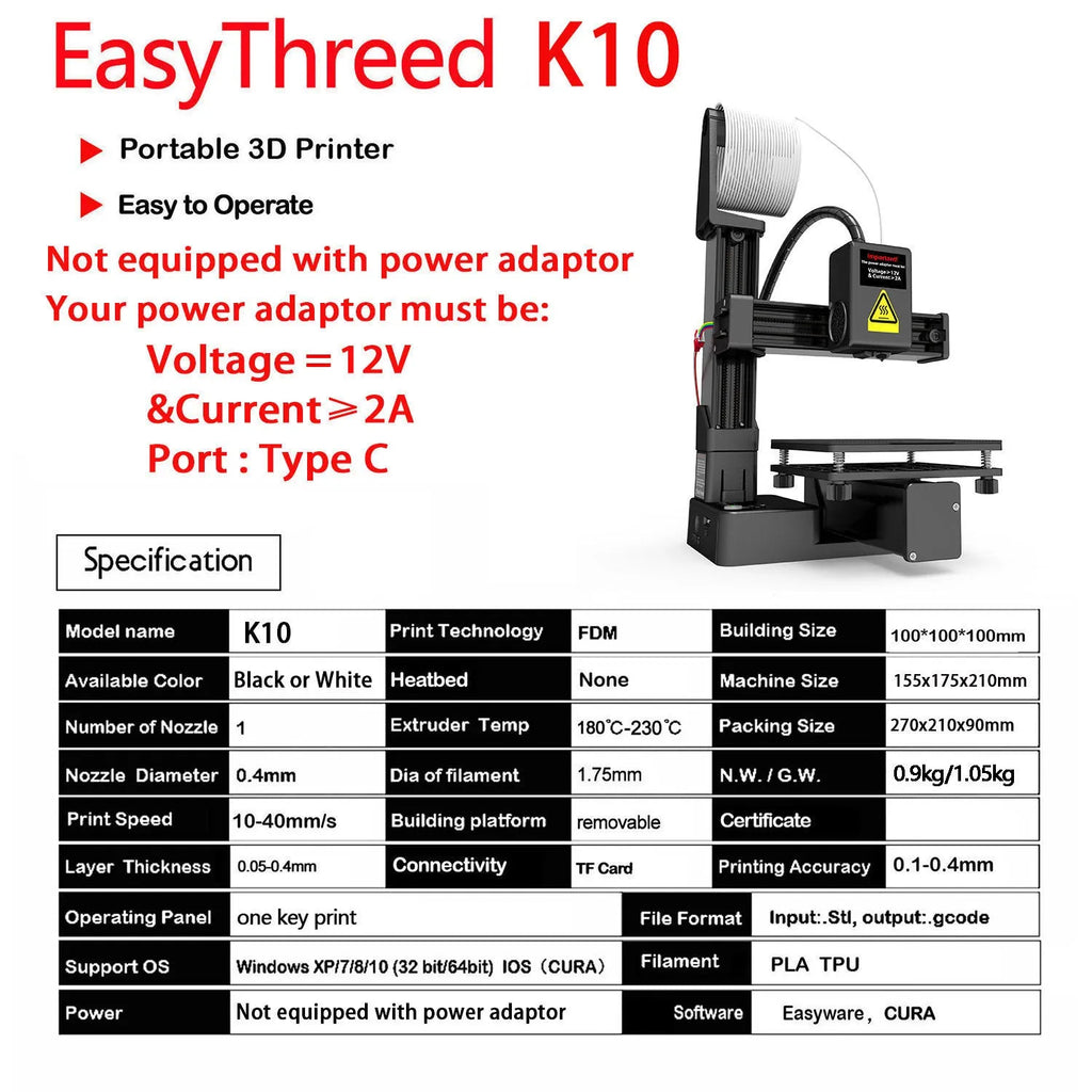 EasyThreed K10 white 3D printer with 175mm build volume compatible with TPU and PLA filaments