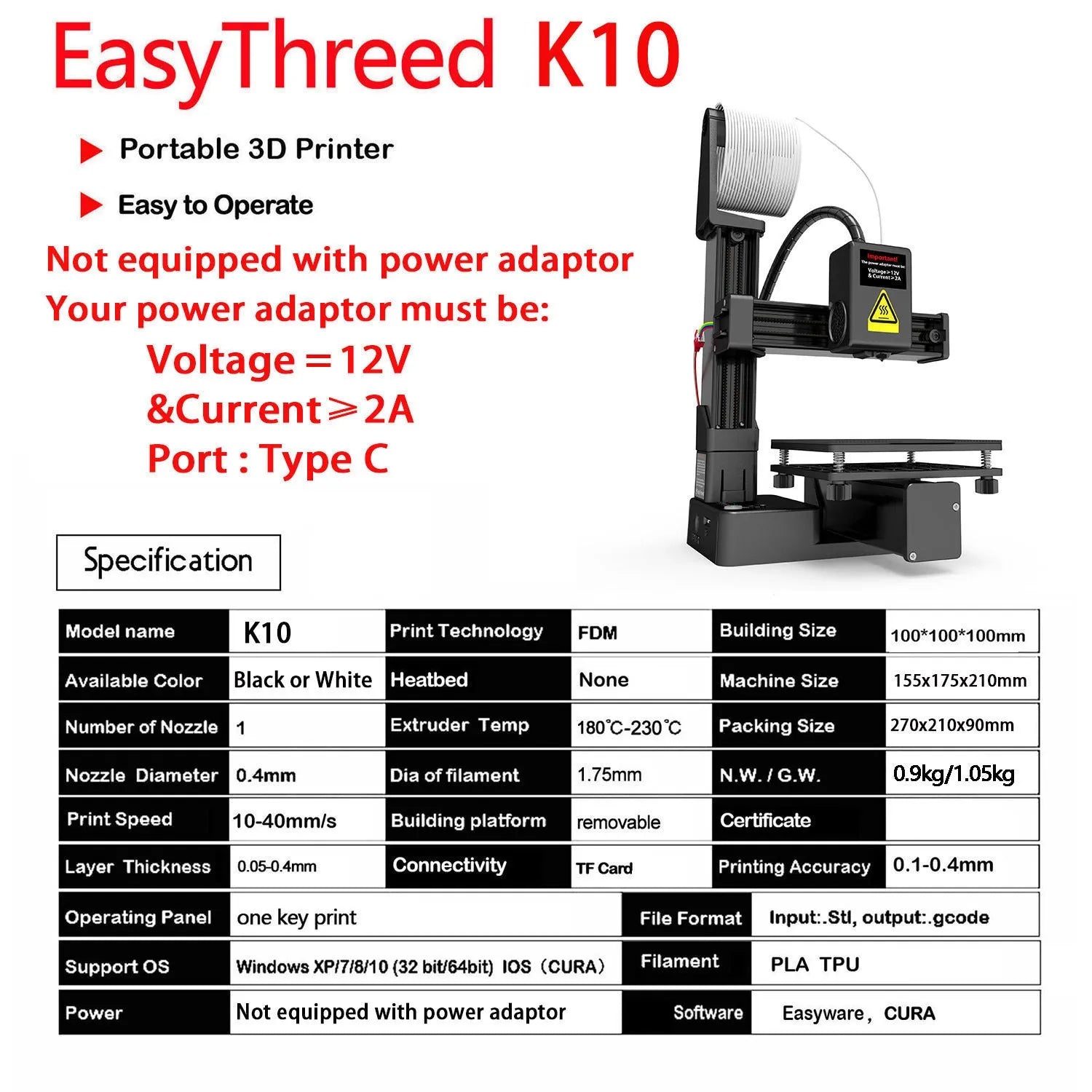 EasyThreed K10 white 3D printer with 175mm build volume compatible with TPU and PLA filaments