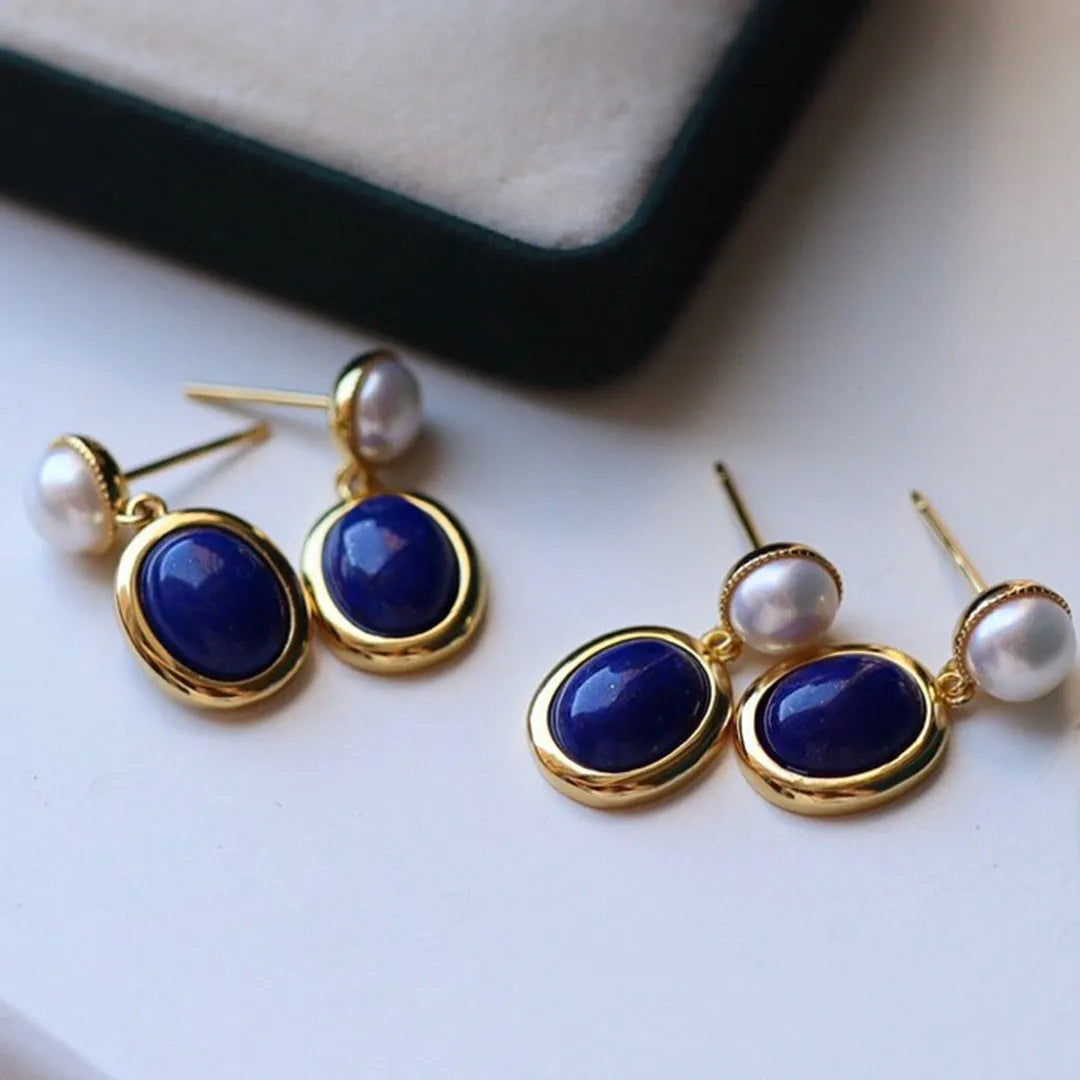 Natural lapis lazuli pearl earrings made from 925 silver with auspicious patterns