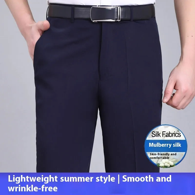 Men's mulberry silk blend suit pants in dark blue with high waist straight leg cut for business wear