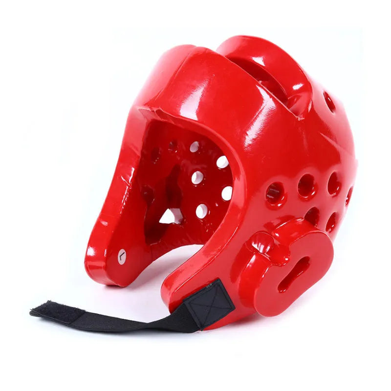 Red and blue karate protective gear set with helmet and leg guards for martial arts training