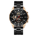 Men's business casual watch with calendar display on a leather strap, available in rose gold, silver, black, and brown colour options.