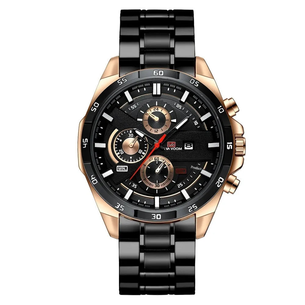 Men's business casual watch with calendar display on a leather strap, available in rose gold, silver, black, and brown colour options.