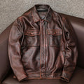 Men's plus size loose fit PU leather jacket with lapel design and side seam pockets in black or brown options