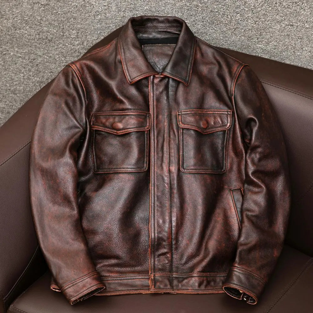 Men's plus size loose fit PU leather jacket with lapel design and side seam pockets in black or brown options