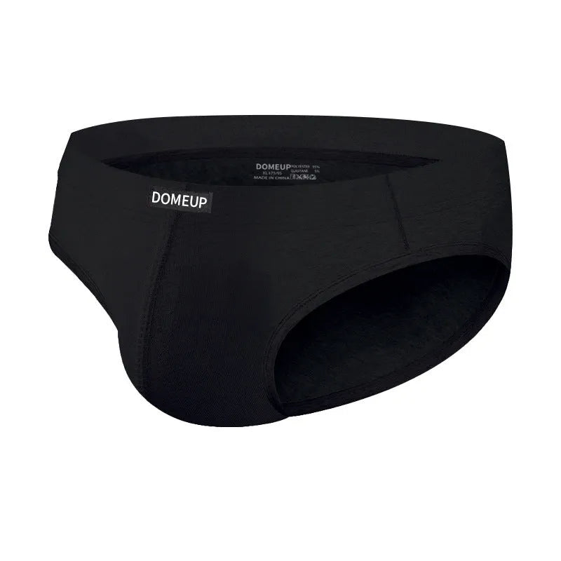 Men's low-waist seamless briefs in white, black, and pink solid colours showing hip-lifting design