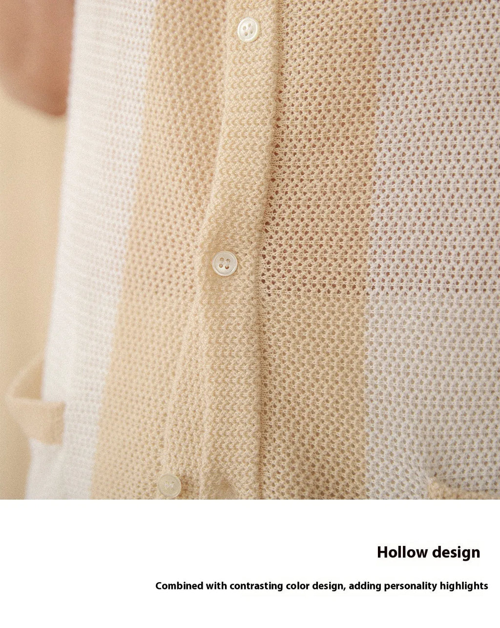 Beige women's short-sleeved cardigan with a lapel collar, made from a thin linen and cotton blend knit fabric.