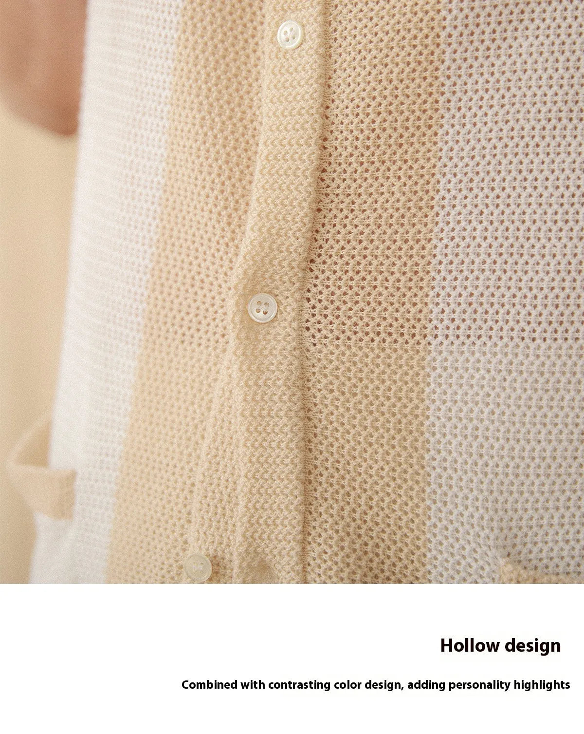 Beige women's short-sleeved cardigan with a lapel collar, made from a thin linen and cotton blend knit fabric.