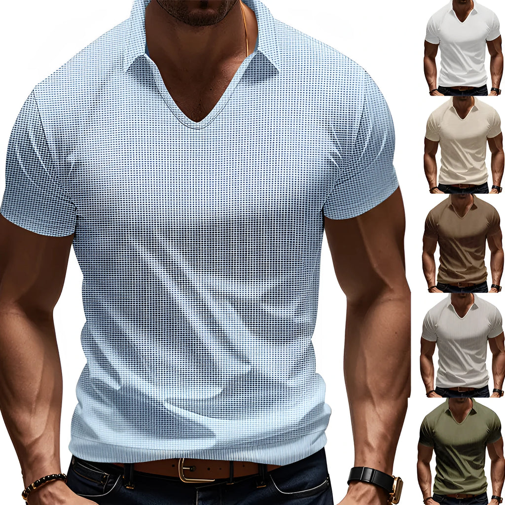 Men's casual V-neck t-shirt in loose fit with short sleeves, shown in light blue colour