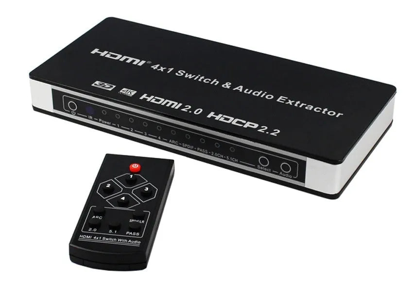 Black HDMI switch box with four inputs one output for HD video switching with remote control