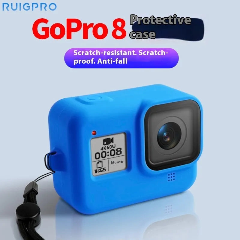 Blue silicone protective sleeve and black wrist strap for GoPro Hero 8 Black camera.