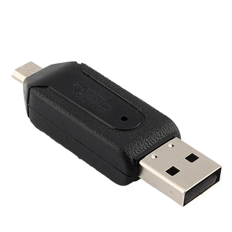White OTG card reader with micro USB connector for Android phones and computers showing SD and TF card slots