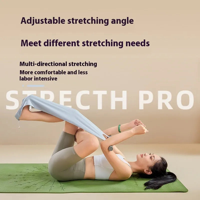 Grey and pink yoga multi-function stretching tool for shoulder, back, and hip flexibility.