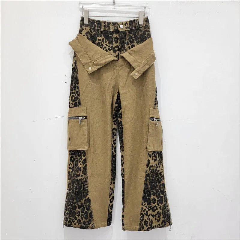 Dark khaki leopard print high waist jeans with fake two-stitching design on straight leg cotton denim trousers