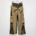 Dark khaki leopard print high waist jeans with fake two-stitching design on straight leg cotton denim trousers