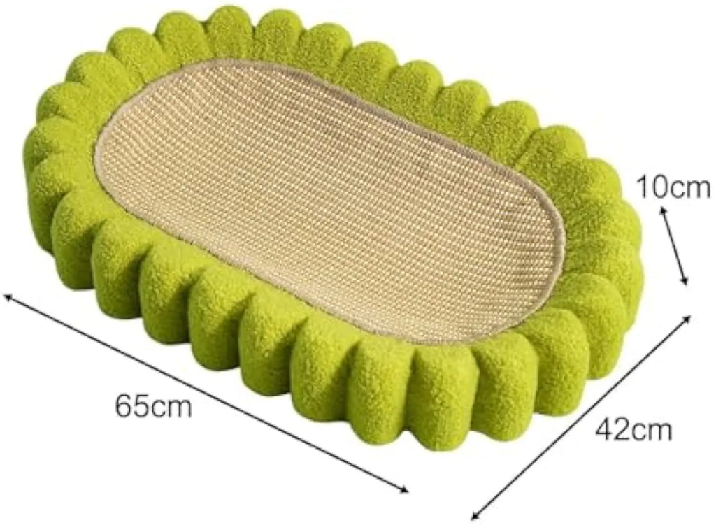Green oval sisal cat scratching pad and lounge bed measuring 65cm long.