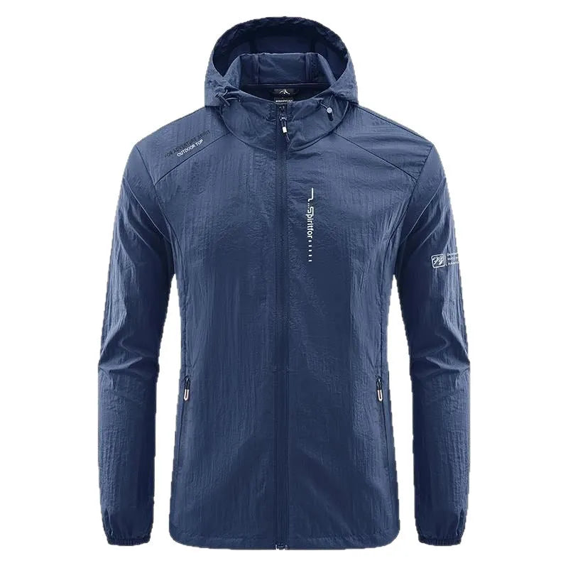 Men's light grey hooded summer jacket showing loose fit and nylon fabric texture