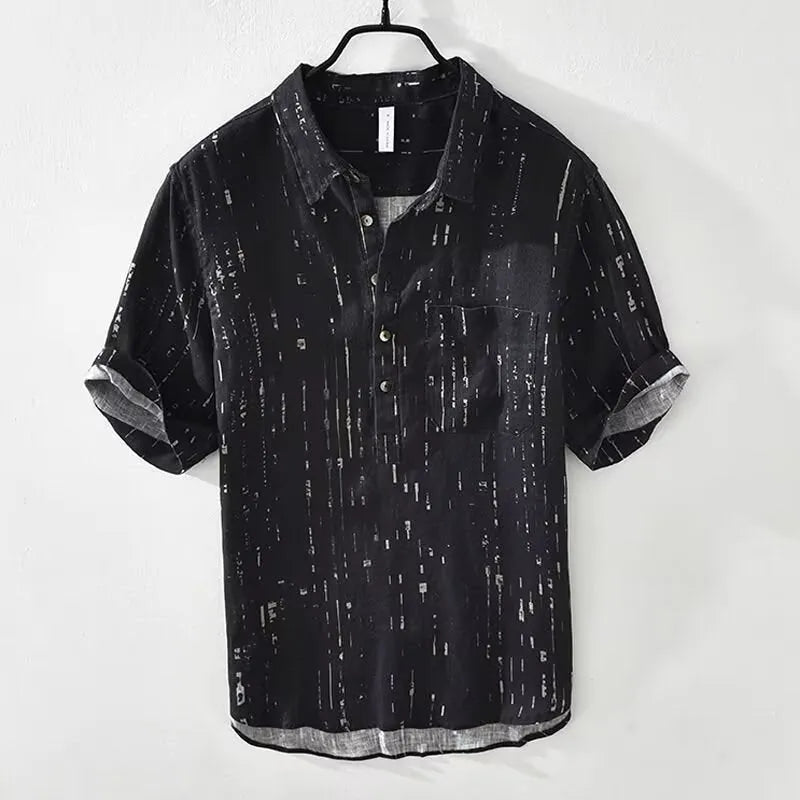 Men's loose fit summer polo shirt in white or black with lapel collar and short sleeves