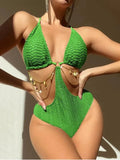 Women's black bikini swimsuit with chain strap design and halter neckline