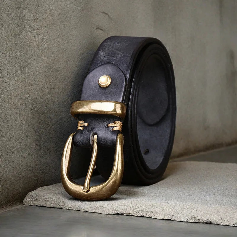 Men's black casual leather belt with copper pin buckle on a white background