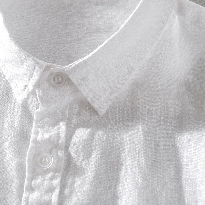 Men's loose fit short sleeve shirt in a cotton linen blend, shown in a solid colour.