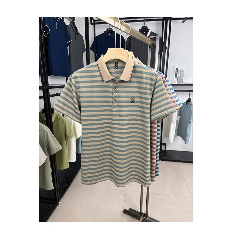 Men's striped short sleeve casual shirt with mosaic pattern in polyester fibre