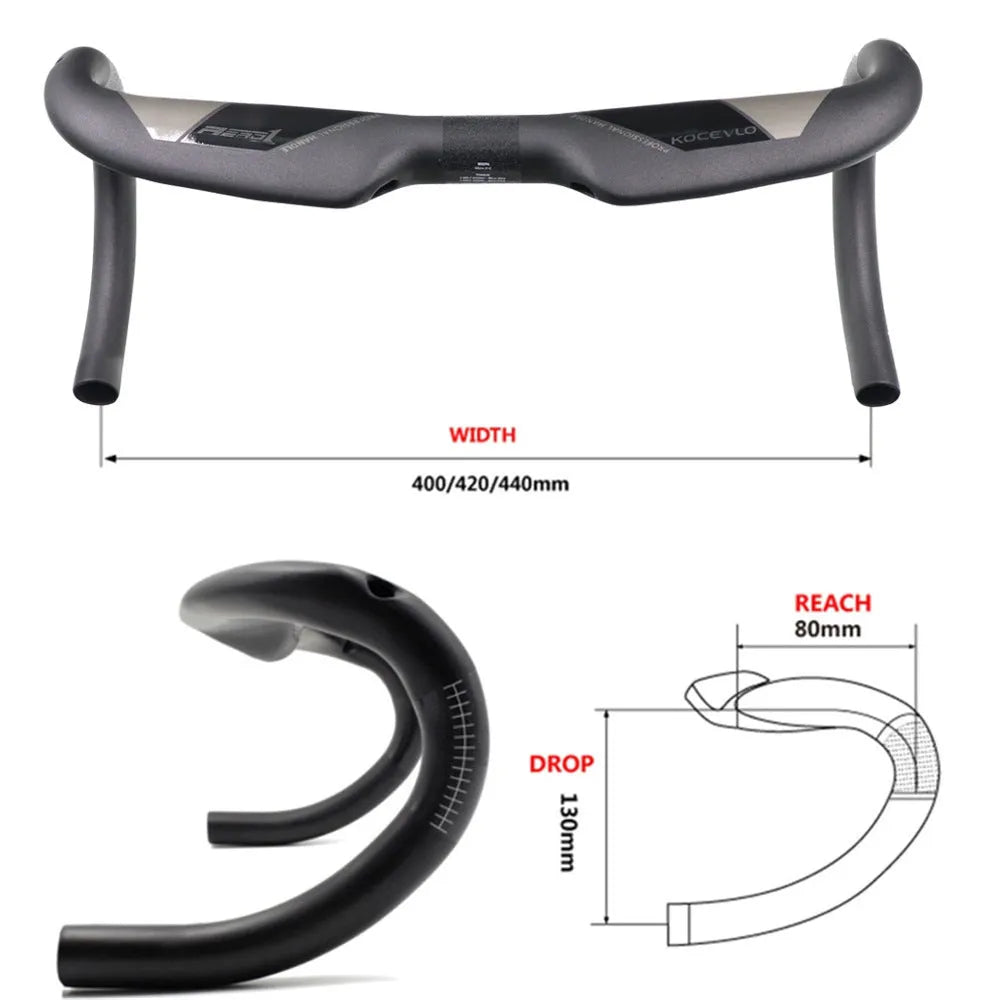Matt black carbon fibre road bicycle drop handlebar showing four size options