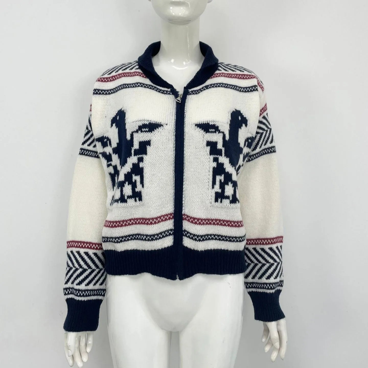 White women's zipper cardigan with contrast jacquard stripe pattern and lapel collar