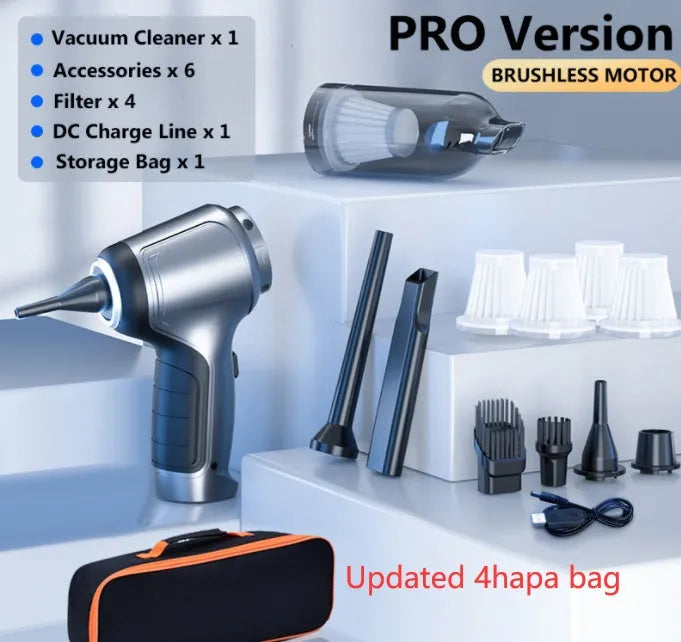 Handheld and vertical car mounted brushless inflatable vacuum cleaner with EVA bag.