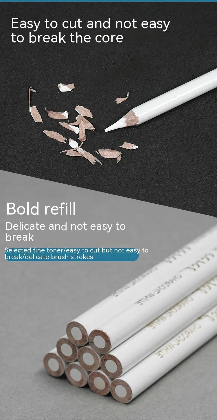 Three white charcoal drawing pencils with wooden barrels for sketching and highlighting