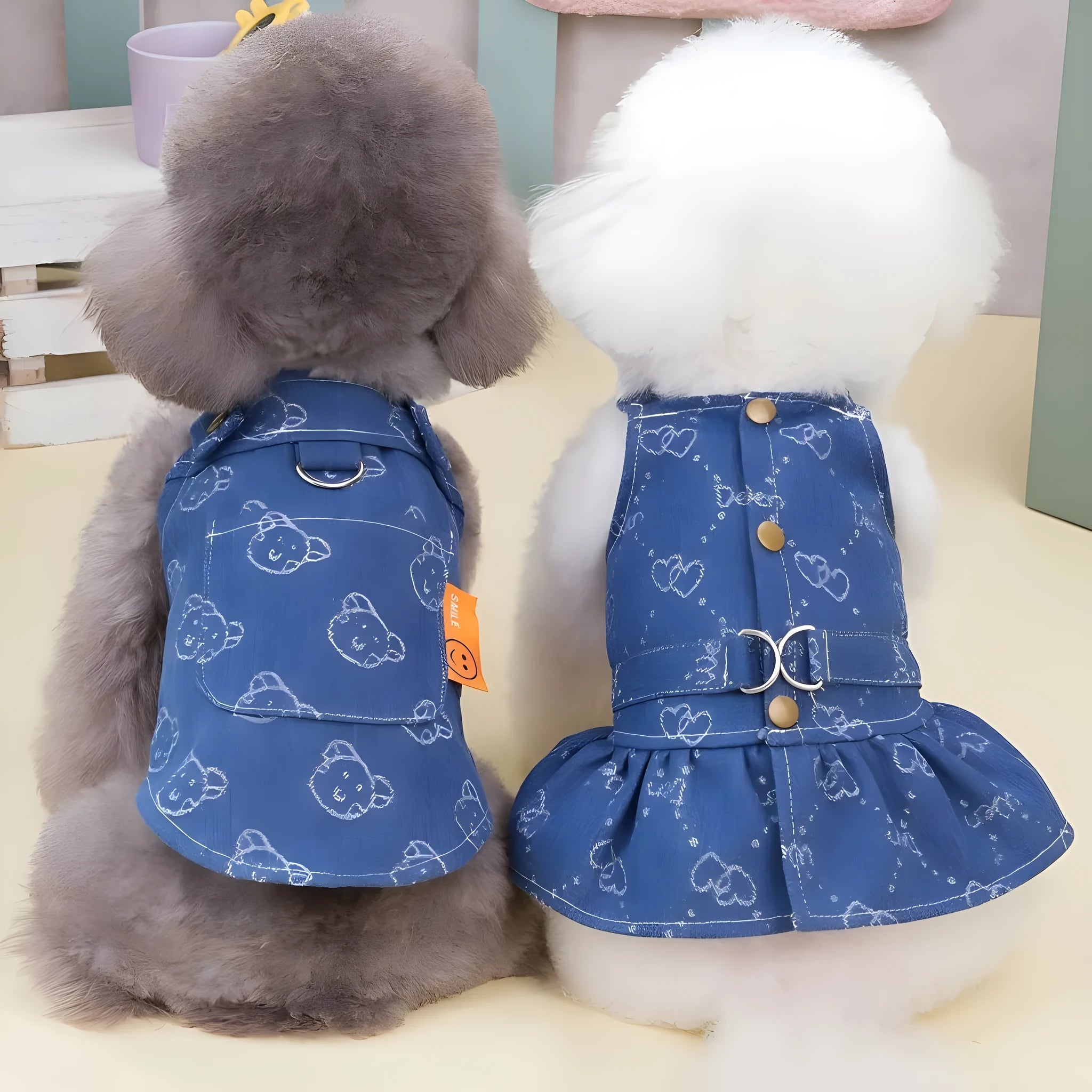 Small white dog wearing a light blue denim bracket-skirt princess dress.
