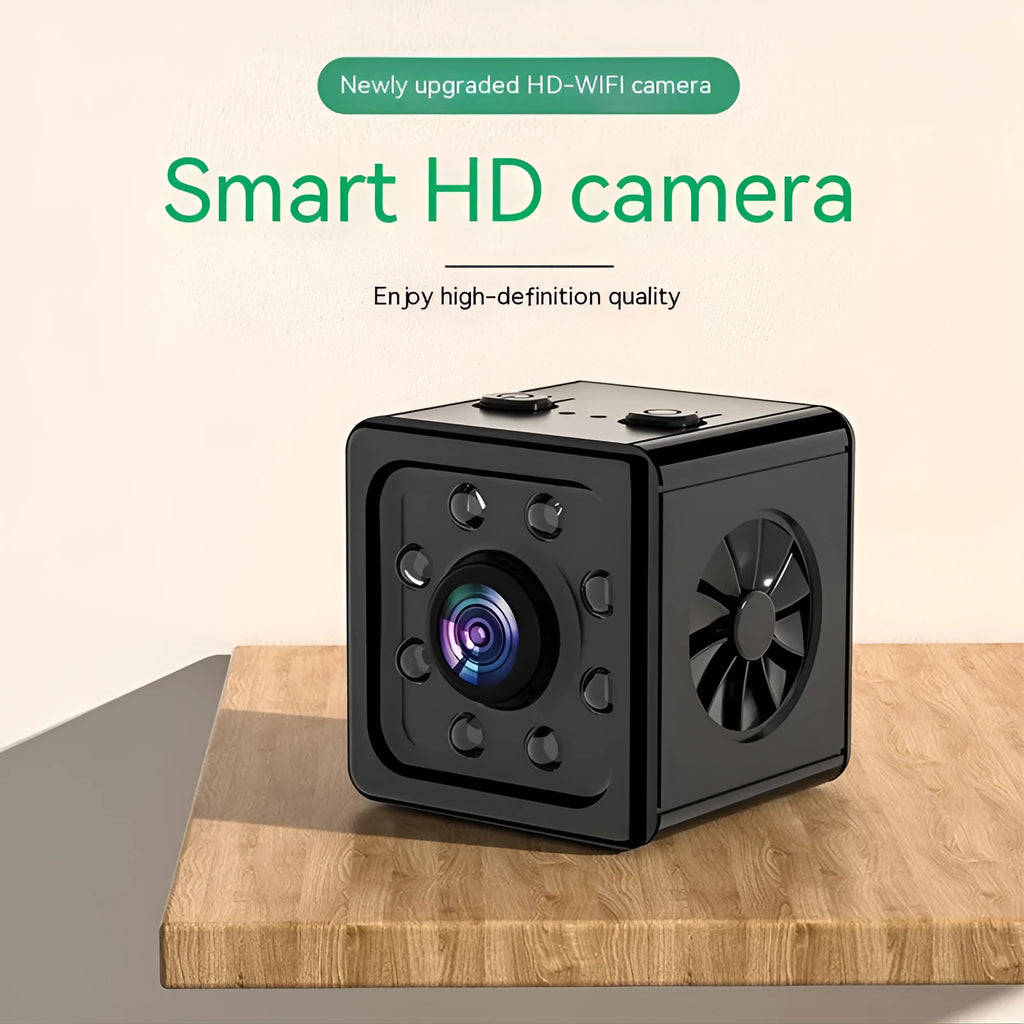 Black cube-shaped network security camera with mounting bracket on side