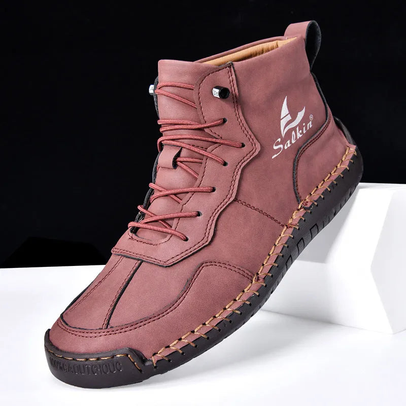 Retro high-top boots with frosted finish, round toe, and elastic band entry