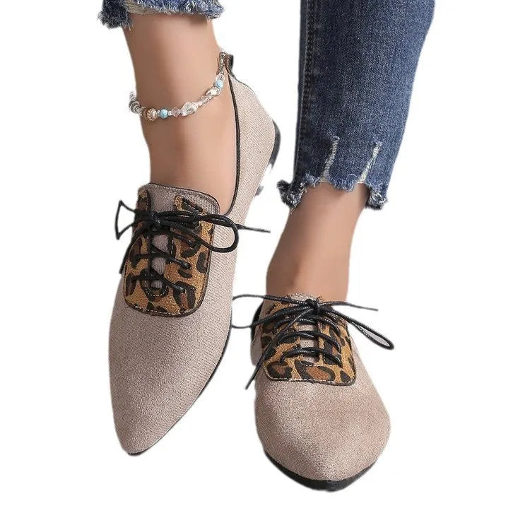 Beige leopard print pointed toe pumps for women in plus sizes.
