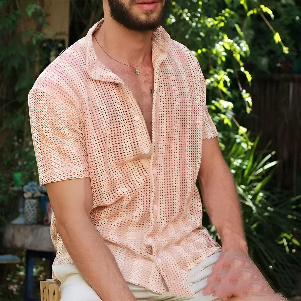 Men's pink loose fit summer shirt with waffle texture fabric and short sleeves