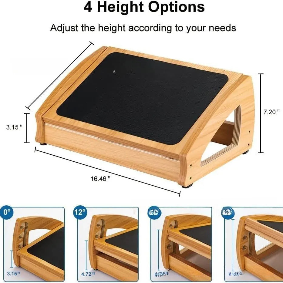 Natural wood colour bamboo adjustable footstool for under a desk.