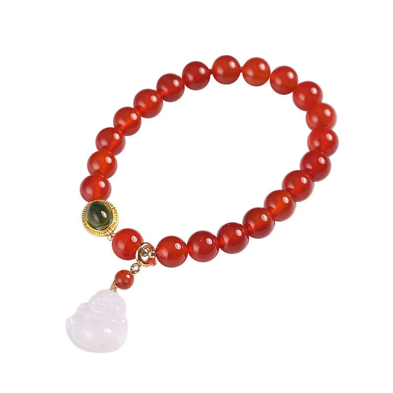 Handcrafted natural agate bracelet with red beads, amber geometric elements, and Maitreya Buddha charm