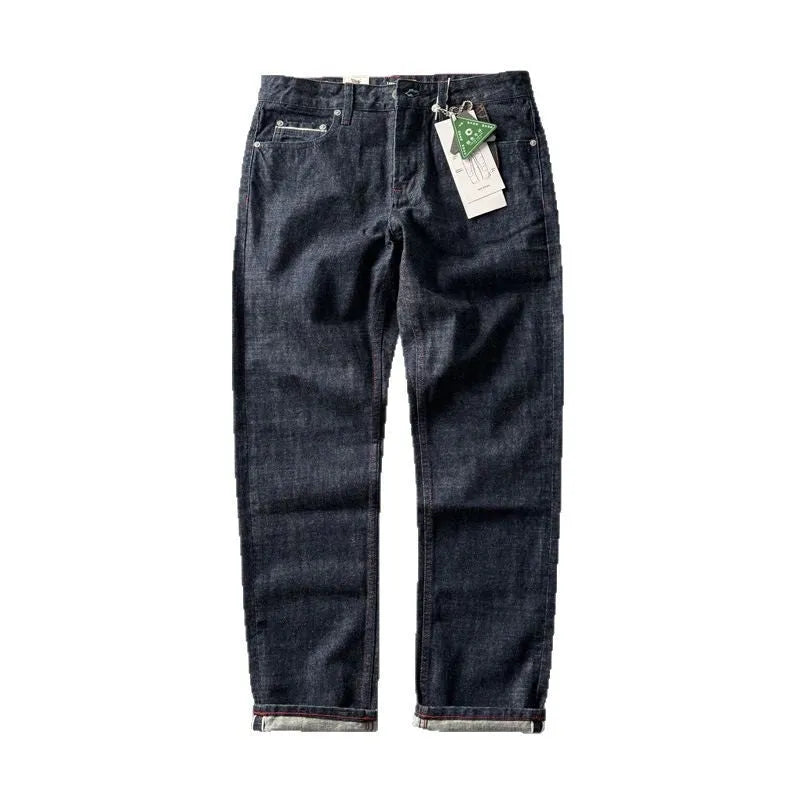 Men's straight leg denim jeans in primary colour with American retro style and mid waist fit