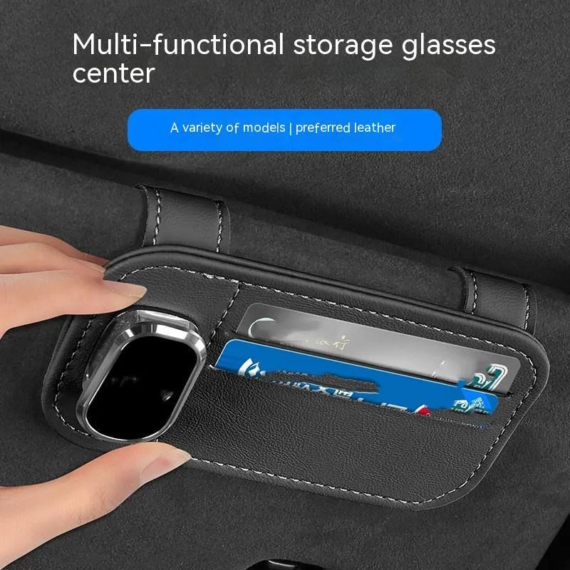 Genuine leather automotive sun visor card holder with sunglasses clip in snap-on installation