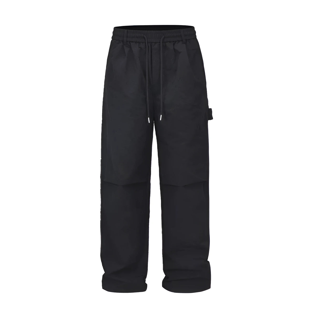 Black men's baggy paratrooper trousers with a drawstring elastic waistband on a plain background.