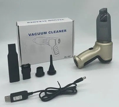 Wireless handheld car vacuum cleaner in gold or silver colour with dust bucket.