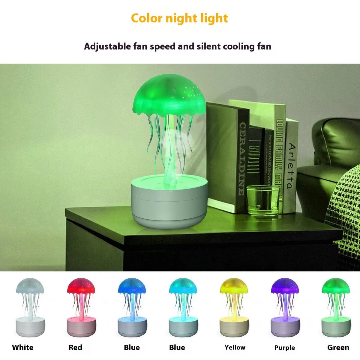 White jellyfish-shaped aroma diffuser and humidifier with glowing coloured LED light on a desk.