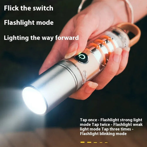 Orange 10W LED flashlight with optical zoom, dual light sources, hook and keychain accessories