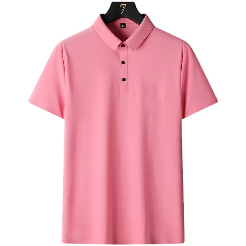Men's non-ironing solid colour short sleeve business casual shirt on a hanger.