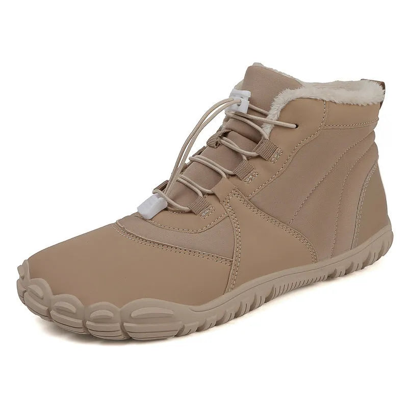 Outdoor snow boots in black, khaki, or pink with lace-up front and rubber sole