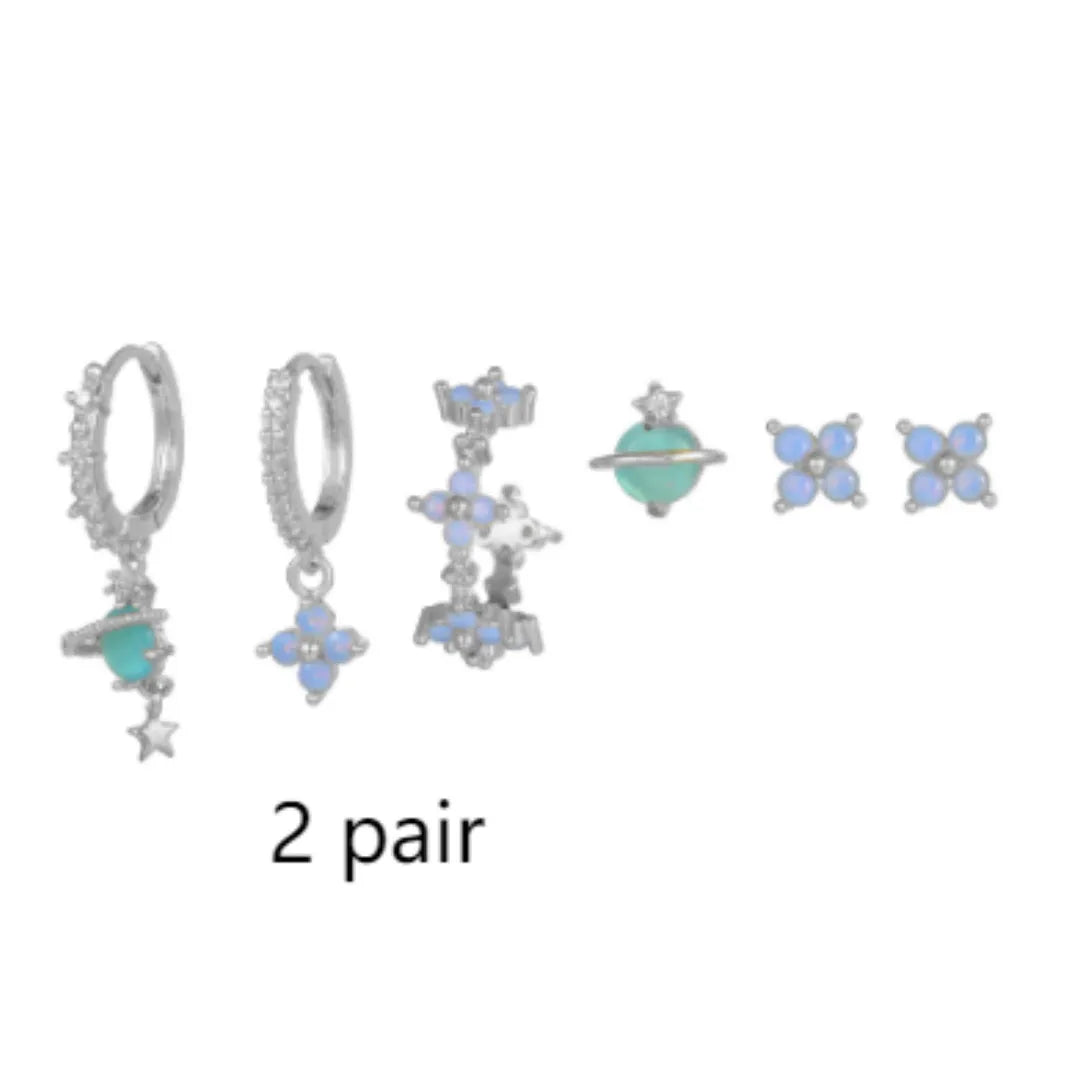 Gold and silver flower stud earrings with zircon mosaic, Japanese Korean sweet style.