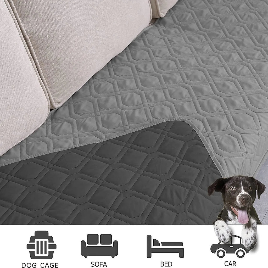 Reversible waterproof dog blanket sofa cover in burgundy and grey, laid flat on a sofa.