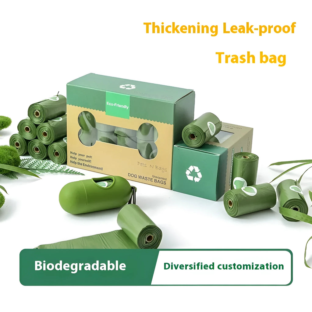 EPI degradable pet waste bag rolls in green, black, blue, and orange colours with a capsule dispenser.