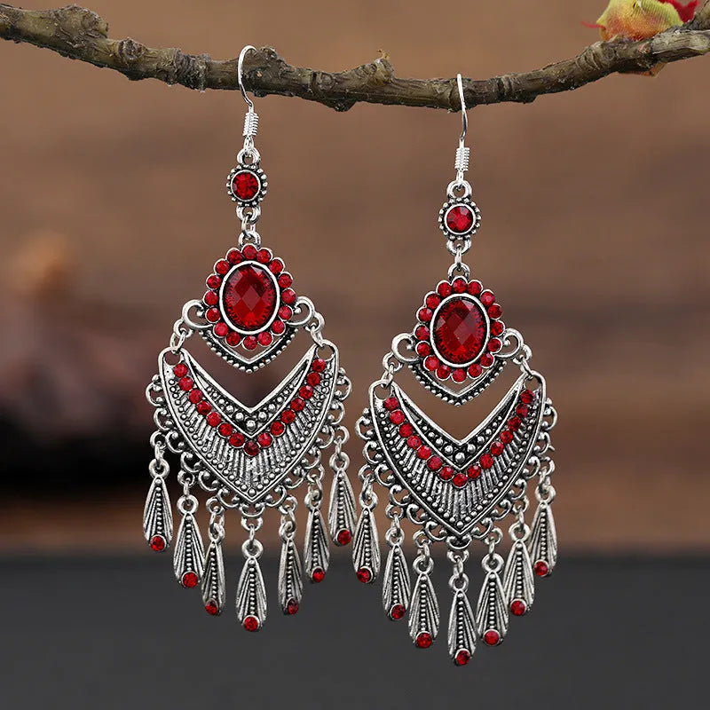 Purple retro ethnic style long fringe drop earrings with crystal details on alloy base